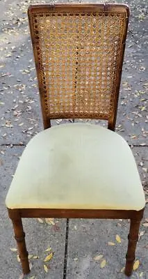 Vintage Solid Wood Side Chair – Caned Back – Upholstered Seat – GDC – BAMBOO • $199.99