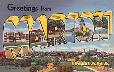 Marion Indiana~Large Letter Linen~Schools~Courthouse~Swimming Pool 1944 • $6
