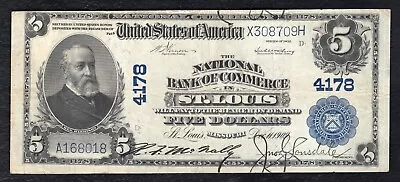 1902 $5 National Bank Of Commerce In St. Louis Mo National Currency Ch. #4178 • $299.95