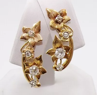 Vtg Antique 14K Yellow Gold 0.70ctw Mine Cut Diamond Flower Earrings HCJ2 • $999.99