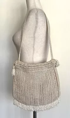 Vintage Crochet Shoulder Bag Drawstring Ivory Boho Retro Eclectic Cottage Granny • $18