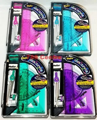 Helix Cool Curves Maths Set Ruler 2 X Set Square Protractor 2 X Pencils Compass • £6.95