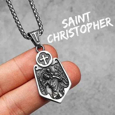 Cross Shield St. Christopher Stainless Steel Men Necklaces Pendant Chain • $10.99