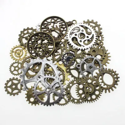 50gm OR 100gm METAL BRONZE SILVER GOLD STEAMPUNK COGS AND GEARS CHARM MIX TS88 • £5.49