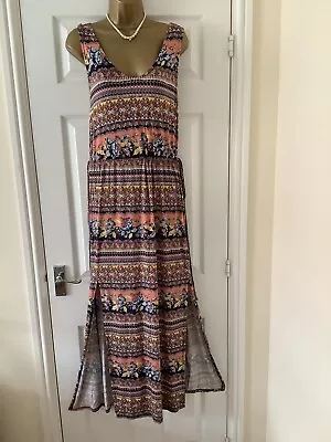 Ladies Summer Beach Maxi Dress Multi Side Slits Rear Drawstring Waist Sz12/14 40 • £9.99