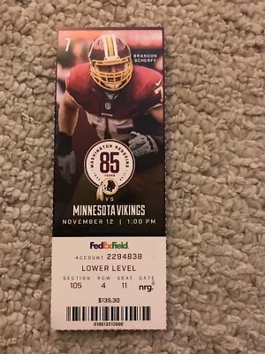 2017 Washington Redskins Vs Minnesota Vikings Nfl Ticket Stub 11/12 • $2.79