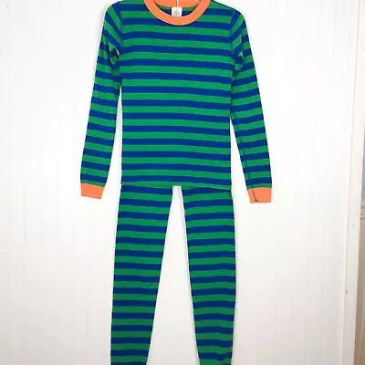 Hanna Andersson Boys 2 PC Pajama Set Green Blue Stripe Long Sleeve Pullover 14 • $29.99