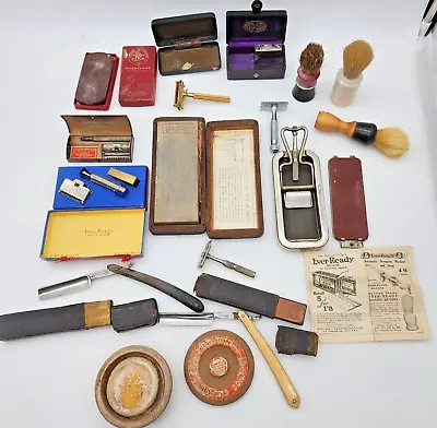 Antique Vintage Shaving Lot - Razors Boxes Sharpening Honing Stones Brushes Soap • $75