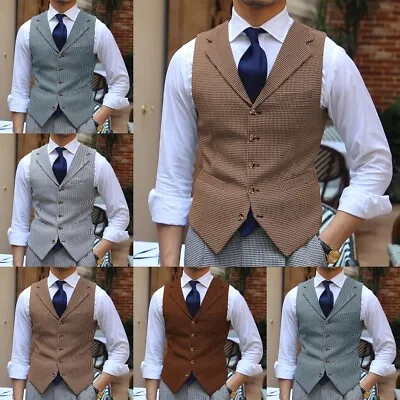 Formal Men Suit Houndstooth Waistcoats Tweed Vests Wedding Vintage 20%Wool Retro • $23.99