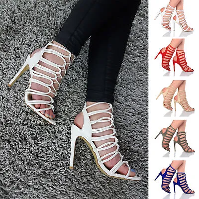Womens High Heel Ladies Tie Up Caged Gladiator Strappy Knot Sandals Shoes Size • £7.99