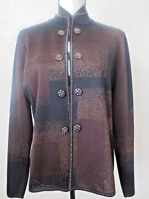 Ming Wang Black Brown Shiny Open Front Cardigan L • $45