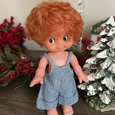 Vintage Red Hair Blue Eyed No Shirt Denim Overall Plastic Boy Doll. Hong Kong 7” • $9.95