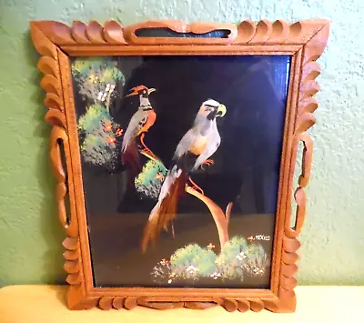 1940's  Mexican Feathercraft Bird Folk Art In Hand Carved Wooden Cedar Frame • $25