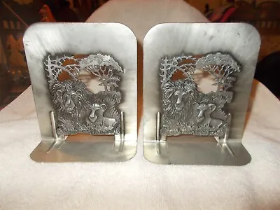 Pair Of Vintage Metzke Pewter Bookends 1974 Lion & Lioness Africa Scene Big Cats • $20