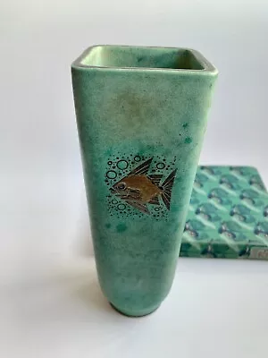 Vintage 1940s Gustavsberg Argenta Ceramic Green Glaze Sterling Silver Fish Vase  • $240