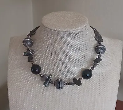 Vtg Sterling Silver Moroccan Style Beads Smokey Quartz Abalone Chip Necklace 16  • $70