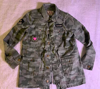 $9.79 • Buy Justice Girls Camouflage Drawstring Waist Patch Button Down Jacket Size 8/10 EUC