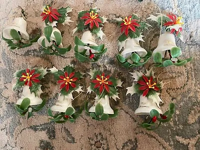 Set 9 Vintage Plastic Christmas Bell Ornament Holly Mistletoe Hong Kong White • $18.99