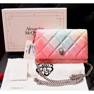 NEW $1290 ALEXANDER MCQUEEN Pink Degraded OMBRE Leather QUILTED Skull FLAP BAG • $895