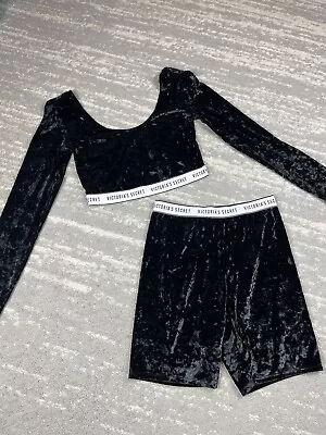 Womens Victoria Secret Black Velvet Crop Top Shorts Set Size Medium • $25