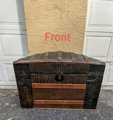 Vintage Antique Alligator Tin Steamer Trunk 1800s Victorian Pirate Style Dome  • $275