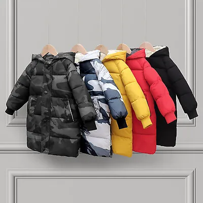 Boys Girls Parka Warm Outerwear Winter Kids Long Padded Down Coats Jacket Hooded • £18.98