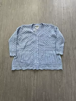 Aran Crafts Ireland VTG Blue Merino Wool Cableknit Fisherman Cardigan Sweater • $40