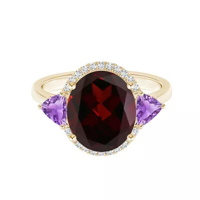 Oval Garnet & Trillion Tanzanite Solitairte Ring 925 Sterling Silver Gold Plated • £42.31