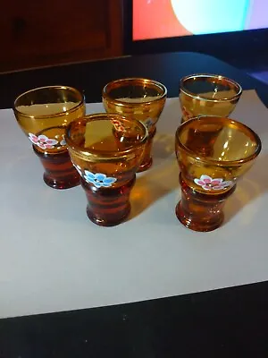 Set Of 5 Vintage Bohemian Amber Shot Glasses Floral Design Hand Painted • $9.95