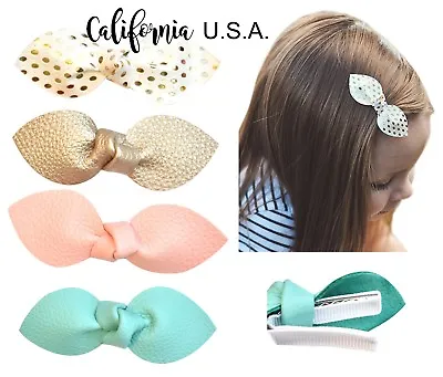 $10.95 • Buy California Tot Premium Faux Leather Bow Hair Clips For Toddler Girls Lot Of 4 SC