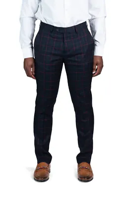 Slim Fit Plaid Dress Pants Black & Red Windowpane Flat Front Fitted Slacks AZAR  • $59