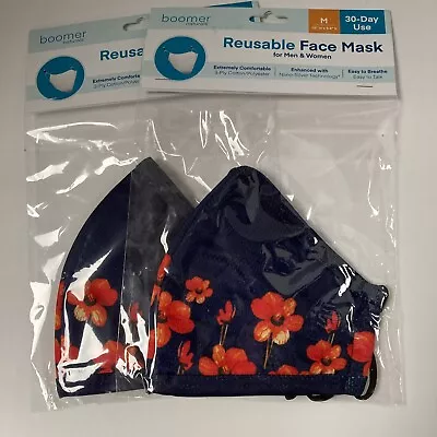 Boomer Naturals Reusable Face Mask Size M Floral Nose Piece Adjust Ear Lot Of 2 • $12.95