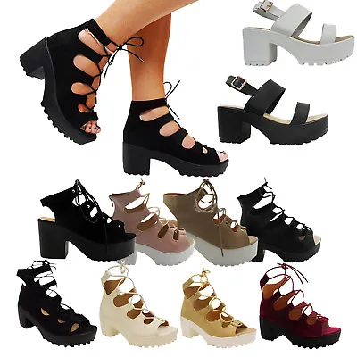 New Womens Ladies Mid Low Block Heel Chunky Lace Up Cut Out Gladiator Shoes Size • £4.95