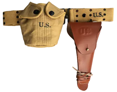 WWII M1936 Canvas Pistol Belt With M1911 Colt Holster And Canteen Bottle Set TAN • $49.39