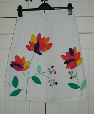 Boden Off White A-Line Floral Applique Ladies Cotton Skirt Size UK 10 Reg • £15