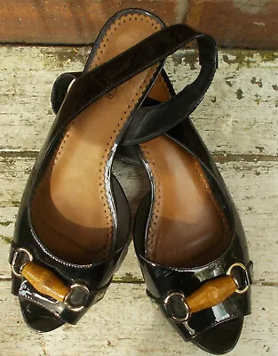 Jaeger Black Patent Leather Low Heel Snaffle  Open Toe Shoes Size 5uk/38eu • £25