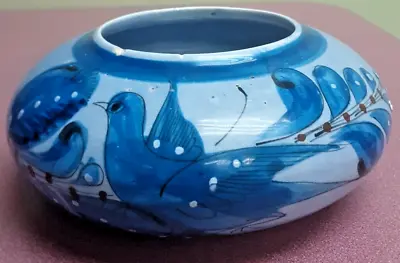 Hand-Painted Mexican Ceramic Pottery Flowerpot / Bowl Blue Glaze Bird W/ Leaves • $22.99
