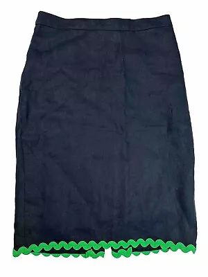 J CREW Women's Size 0 Navy Blue Linen Lined Pencil Skirt Green Rickrack Trim • $19.99