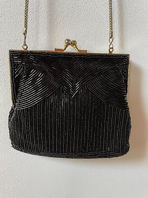 Vintage  Magid Beaded Black Evening Bag / Purse Hand Made In Macau Kiss Lock • $22