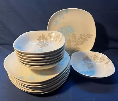 Vintage Lot Of 16 Plates & Bowls MSE Mid-Century Modern Ferns & Flowers In Blue • $65