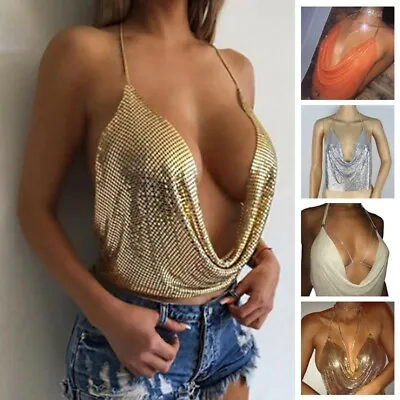 Sexy Women V Neck Sequined Halter Backless Chain Plunge Tank Vest Crop Tops Cami • $17.99