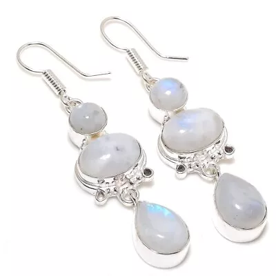 Rainbow Moonstone Gemstone Handmade 925 Sterling Silver Jewelry Earring Sz 2.4  • $10.44