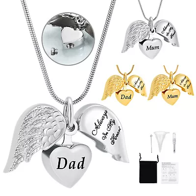 Angel Wing Heart Urn Necklace For Ashes Memorial Keepsake Pendant For Mum / Dad • £13.19