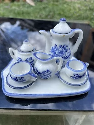 10-pc Vtg Mini Tea Set Blue & White Porcelain Great Condition! • $11.99