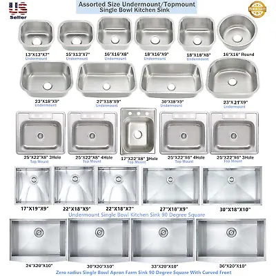 Stainless Steel Single Bowl Topmount / Undermount Kitchen Sink Multiple Size • $105.59