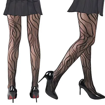 Womens Black Zebra Animal Tiger Stripe Patterned Fishnet Tights Lace Gothic Goth • £4.99