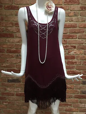 Oasis Silk Vintage Beaded Fringe 20s Flapper Charleston Gatsby Dress Size 10 • £44.95