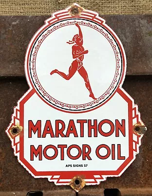 Vintage 1957 Dated Marathon Motor Oil 10” Porcelain Gas Oil Sign • $15.50