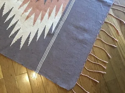Vtg Hand Woven Linen/Cotton Southwest Gray & Terracotta 39”x39” Fringed Tapestry • $13