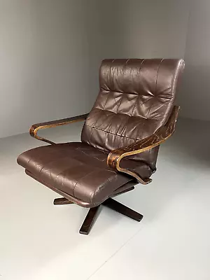 EB5564 Vintage Danish Mid Century Leather Swivel Lounge Chair  MCM Retro MSWI • £325